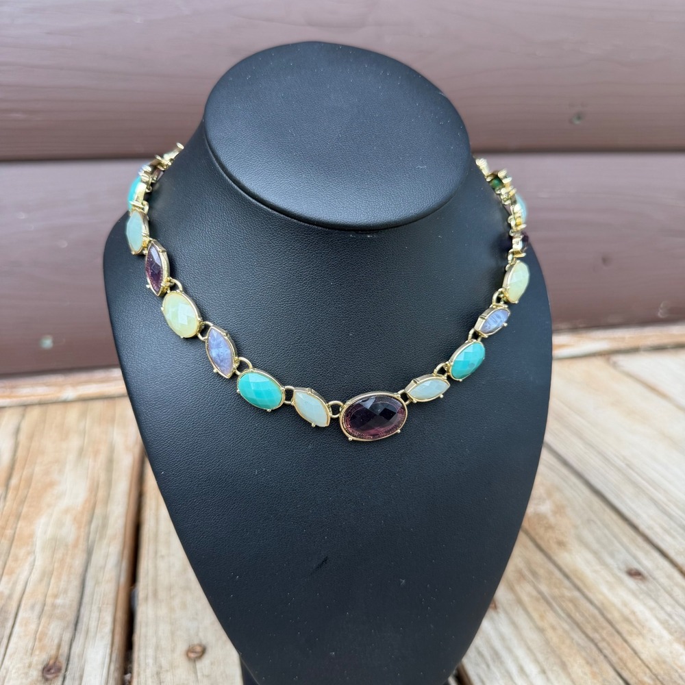 Vintage Napier Signed Pastel Rhinestone Gem Collar Necklace Gold Tone Statement